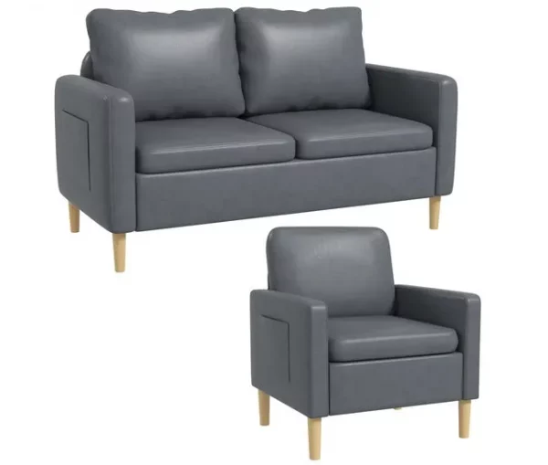 HOMCOM Conjunto de Sofá Inclui 1 Sofá de 2 Lugares e 1 Poltrona Individual com Bolsos Laterais Apoios de Braços e Pés de Madeira para Sala Quarto Escritório Cinza