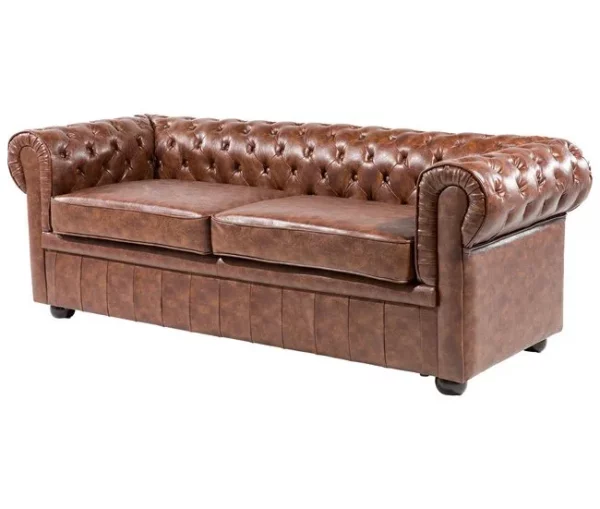 Sofá de 3 lugares em pele sintética castanha dourada CHESTERFIELD