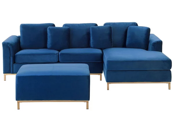 Ecksofa L OSLO Samtstoff dunkelblau mit Ottomane CH