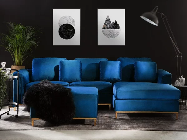 Ecksofa L OSLO Samtstoff dunkelblau mit Ottomane CH