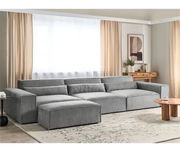 Sofá modular 3 lugares com repousa-pés em tecido cinzento HELLNAR