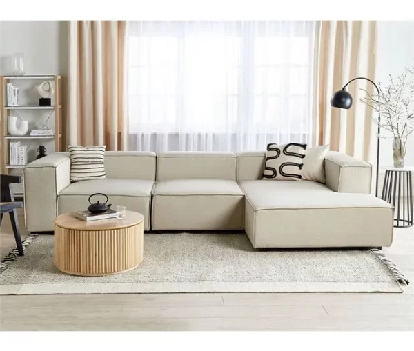 Sofá de canto 3 lugares com repousa-pés em linho creme à esquerda APRICA