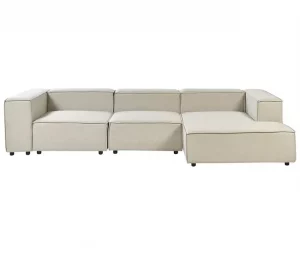 Sofá de canto 3 lugares com repousa-pés em linho creme à esquerda APRICA
