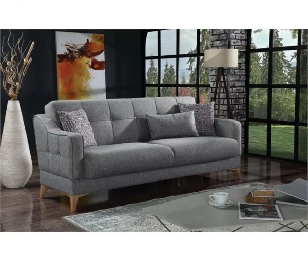 Sofá cama Dfranzo, sofá cama de 3 lugares com arrumação linear com 3 almofadas incluídas, sofá da sala estofado em tecido com abertura click-clac, 207x82xh92 cm, Cinza