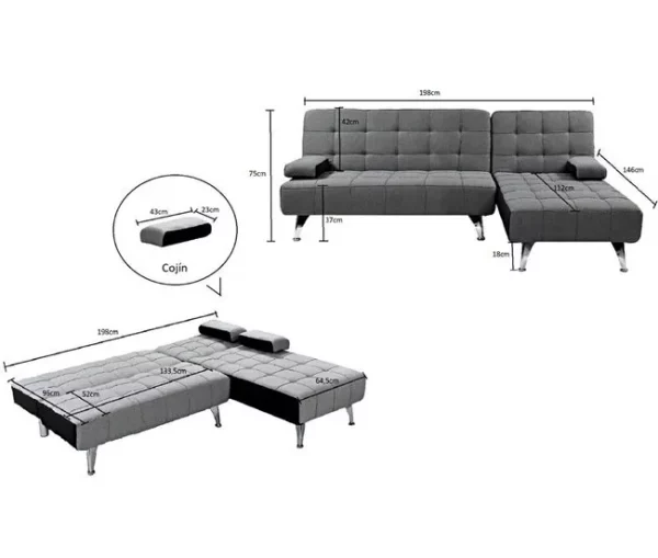Pack Sofá Chaise Longue + Mesa de Cristal Temperado + 6 Cadeiras