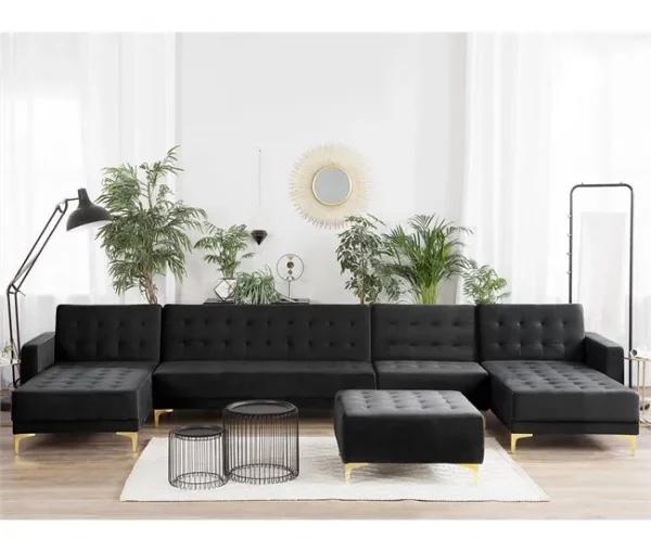 Sofá-cama XXL de 6 lugares com repousa-pés em veludo preto ABERDEEN