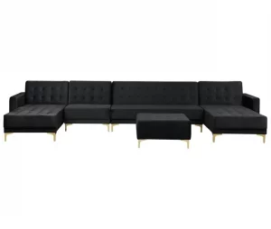 Sofá-cama XXL de 6 lugares com repousa-pés em veludo preto ABERDEEN