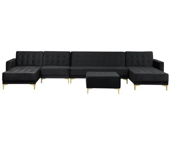 Sofá-cama XXL de 6 lugares com repousa-pés em veludo preto ABERDEEN