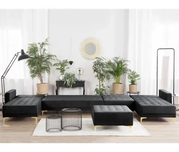 Sofá-cama XXL de 6 lugares com repousa-pés em veludo preto ABERDEEN