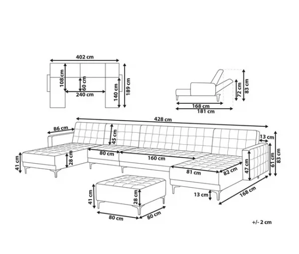 Sofá-cama XXL de 6 lugares com repousa-pés em veludo preto ABERDEEN