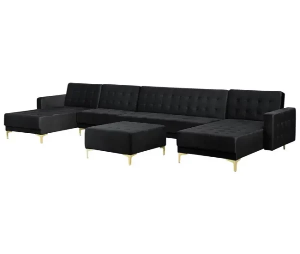 Sofá-cama XXL de 6 lugares com repousa-pés em veludo preto ABERDEEN