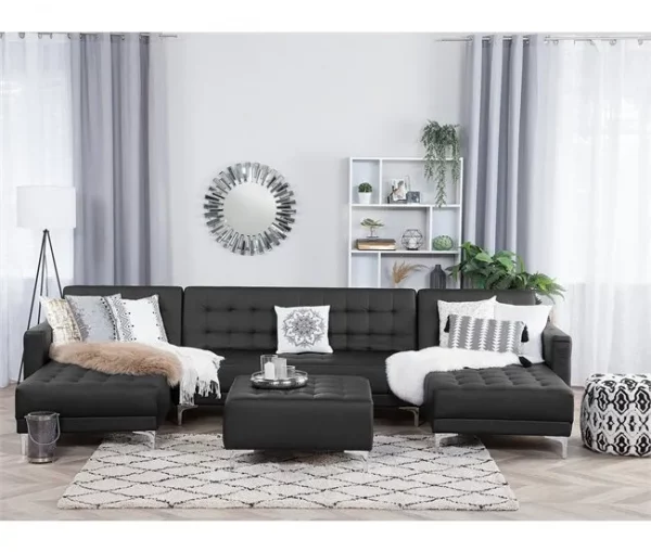 Sofá-cama em forma de U de 5 lugares com repousa-pés em pele sintética preta ABERDEEN