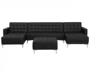 Sofá-cama em forma de U de 5 lugares com repousa-pés em pele sintética preta ABERDEEN