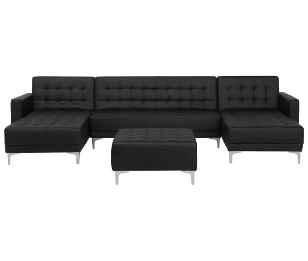 Sofá-cama em forma de U de 5 lugares com repousa-pés em pele sintética preta ABERDEEN