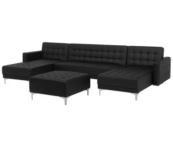Sofá-cama em forma de U de 5 lugares com repousa-pés em pele sintética preta ABERDEEN