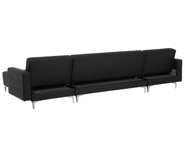 Sofá-cama em forma de U de 5 lugares com repousa-pés em pele sintética preta ABERDEEN