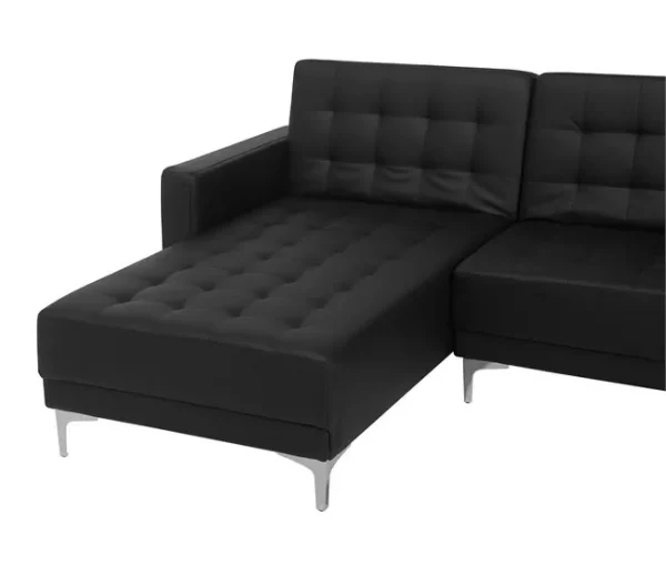 Sofá-cama em forma de U de 5 lugares com repousa-pés em pele sintética preta ABERDEEN