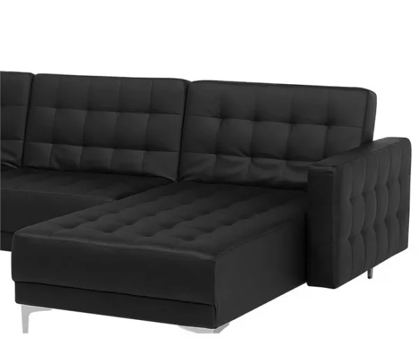 Sofá-cama em forma de U de 5 lugares com repousa-pés em pele sintética preta ABERDEEN