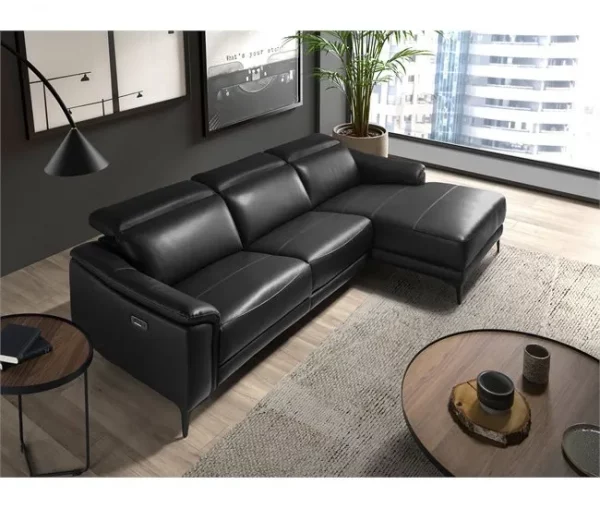 Sofá relaxante com chaise longue esquerda em pele preta