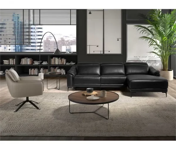 Sofá relaxante com chaise longue esquerda em pele preta