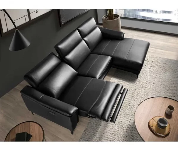 Sofá relaxante com chaise longue esquerda em pele preta