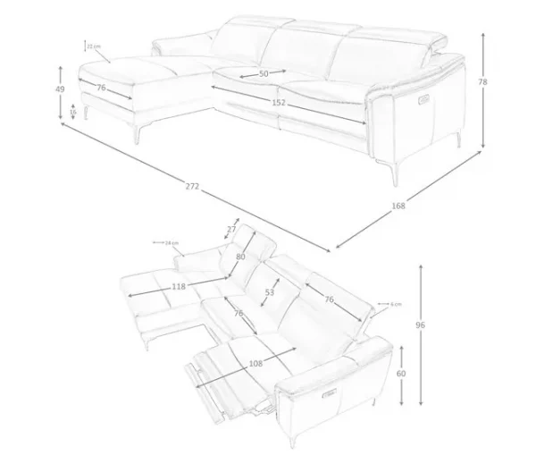 Sofá relaxante com chaise longue esquerda em pele preta