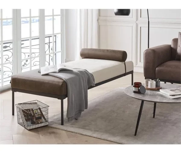 Chaise-longue em linho sintético e pele sintética creme e castanho escuro MALMOS