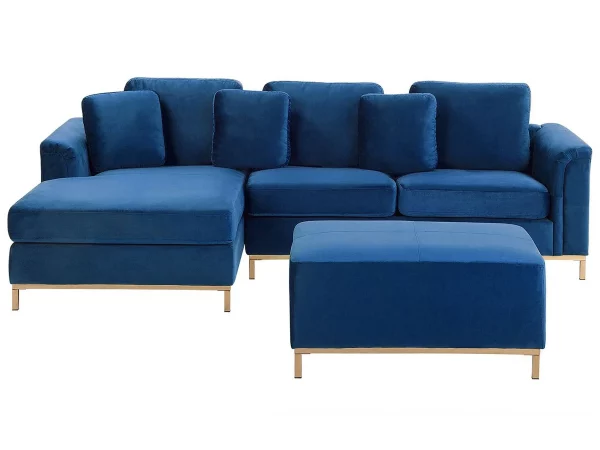 Ecksofa R OSLO Samtstoff dunkelblau mit Ottomane CH