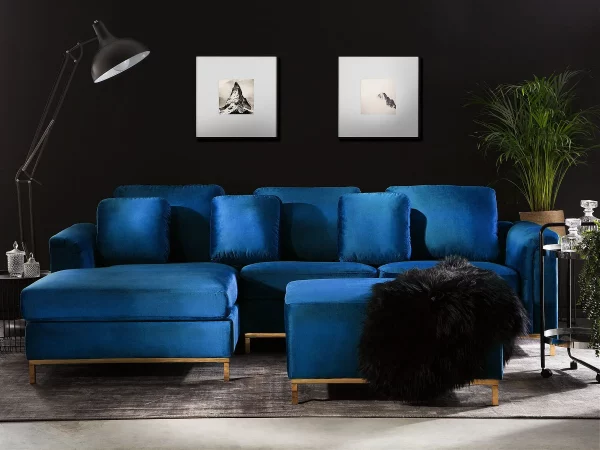 Ecksofa R OSLO Samtstoff dunkelblau mit Ottomane CH