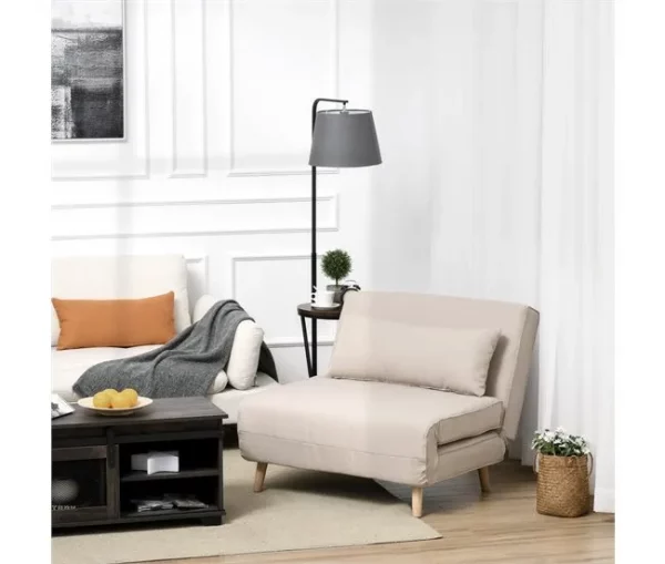 HOMCOM Sofá-cama estofado individual com almofada acolchoada e encosto ajustável em 3 posições Pernas dobráveis ​​ocultas 95x95x80 cm bege
