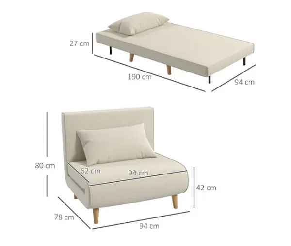 HOMCOM Sofá-cama estofado individual com almofada acolchoada e encosto ajustável em 3 posições Pernas dobráveis ​​ocultas 95x95x80 cm bege