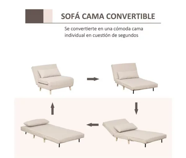 HOMCOM Sofá-cama estofado individual com almofada acolchoada e encosto ajustável em 3 posições Pernas dobráveis ​​ocultas 95x95x80 cm bege