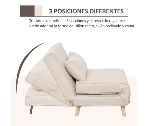 HOMCOM Sofá-cama estofado individual com almofada acolchoada e encosto ajustável em 3 posições Pernas dobráveis ​​ocultas 95x95x80 cm bege