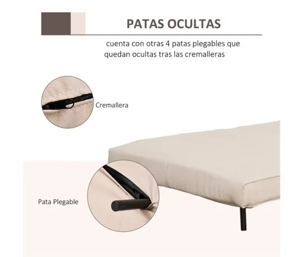 HOMCOM Sofá-cama estofado individual com almofada acolchoada e encosto ajustável em 3 posições Pernas dobráveis ​​ocultas 95x95x80 cm bege