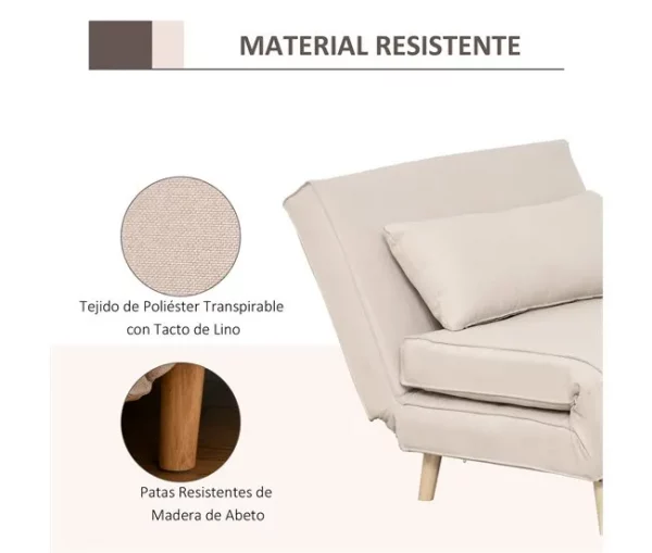 HOMCOM Sofá-cama estofado individual com almofada acolchoada e encosto ajustável em 3 posições Pernas dobráveis ​​ocultas 95x95x80 cm bege