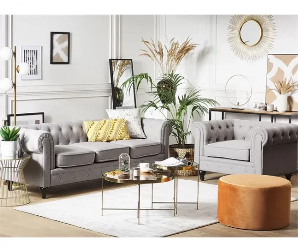Conjunto de sofás com 4 lugares em tecido cinzento claro CHESTERFIELD