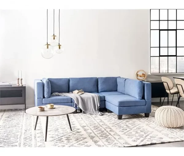 Sofá de canto modular 4 lugares em tecido azul à esquerda UNSTAD