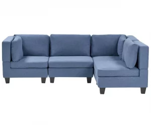 Sofá de canto modular 4 lugares em tecido azul à esquerda UNSTAD