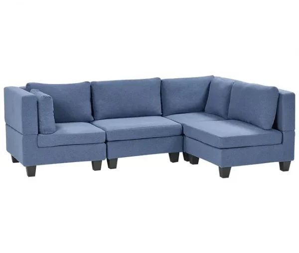 Sofá de canto modular 4 lugares em tecido azul à esquerda UNSTAD