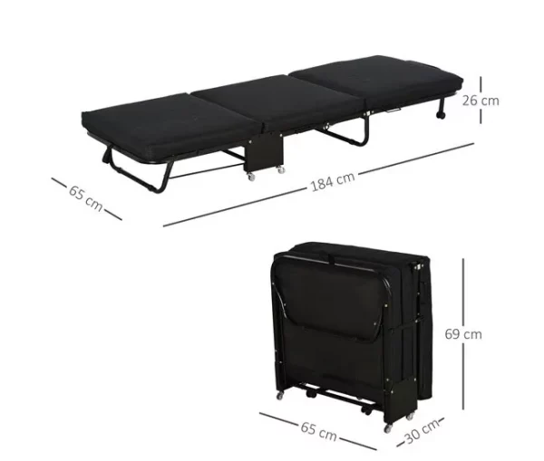 HOMCOM Cama Dobrável 184x65 cm Cama Dobrável Ajustável em 5 Níveis Rodas Universáis e Estrutura de Metal Carga Máxima 120 kg Preto