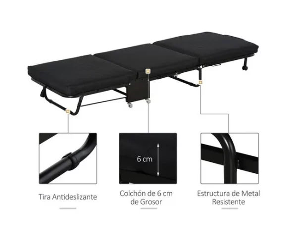 HOMCOM Cama Dobrável 184x65 cm Cama Dobrável Ajustável em 5 Níveis Rodas Universáis e Estrutura de Metal Carga Máxima 120 kg Preto