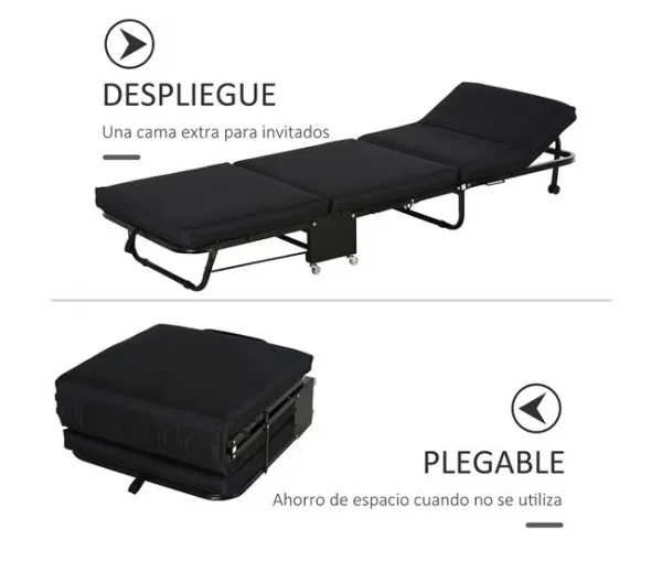 HOMCOM Cama Dobrável 184x65 cm Cama Dobrável Ajustável em 5 Níveis Rodas Universáis e Estrutura de Metal Carga Máxima 120 kg Preto