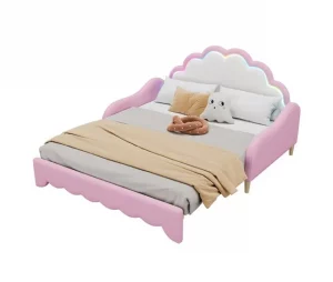 Cama de rodízio 140x200cm, sofá-cama convertível, cabeceira com luz, sem colchão, rosa