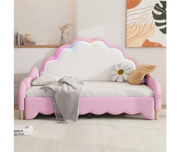 Cama de rodízio 140x200cm, sofá-cama convertível, cabeceira com luz, sem colchão, rosa