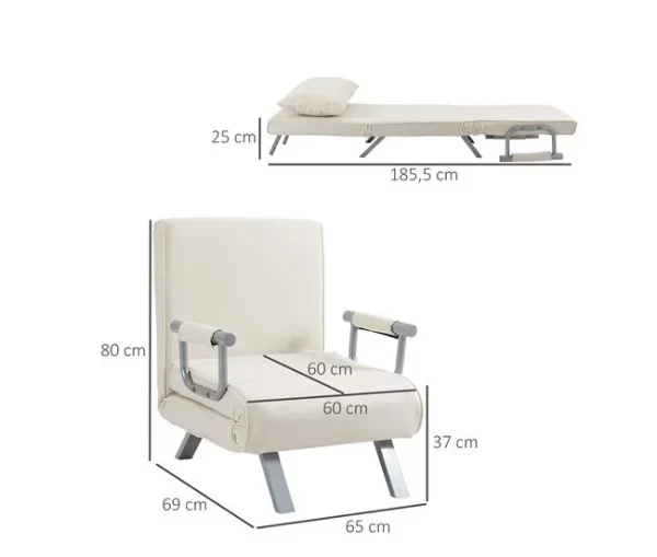 HOMCOM Sofá Cama Individual Poltrona Cama Individual Sofá Reclinável com Almofada para Sala Quarto Escritório Carga 100 kg 65x69x80 cm Creme