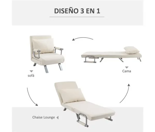 HOMCOM Sofá Cama Individual Poltrona Cama Individual Sofá Reclinável com Almofada para Sala Quarto Escritório Carga 100 kg 65x69x80 cm Creme