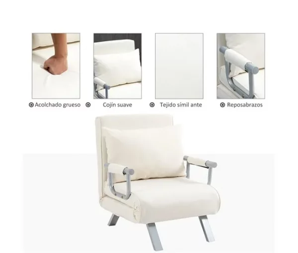 HOMCOM Sofá Cama Individual Poltrona Cama Individual Sofá Reclinável com Almofada para Sala Quarto Escritório Carga 100 kg 65x69x80 cm Creme
