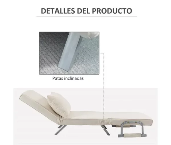 HOMCOM Sofá Cama Individual Poltrona Cama Individual Sofá Reclinável com Almofada para Sala Quarto Escritório Carga 100 kg 65x69x80 cm Creme