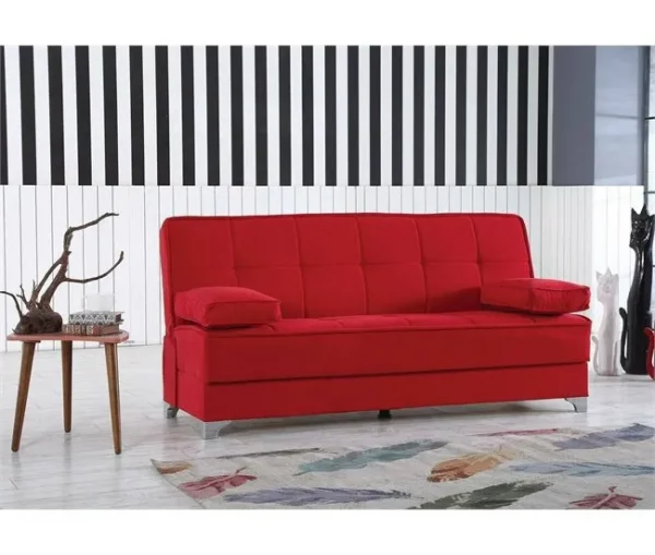 Sofá cama Dasson, Sofá cama com arrumação linear com 2 almofadas incluídas, Sofá da sala em tecido acolchoado com abertura click-clac, 190x87xh91 cm, Vermelho