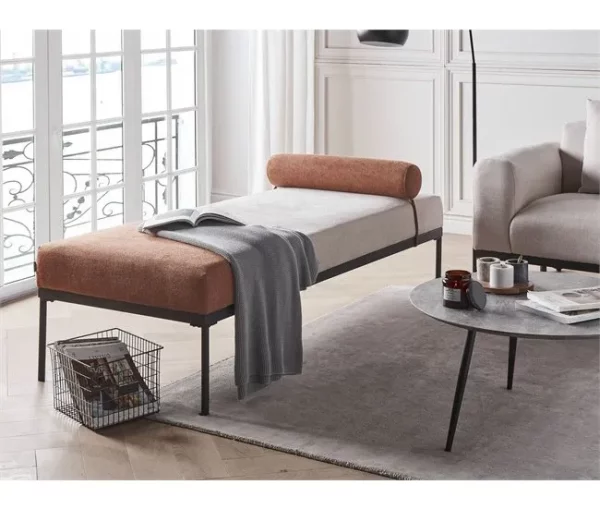 Chaise-longue em linho sintético creme e castanho dourado MALMOS